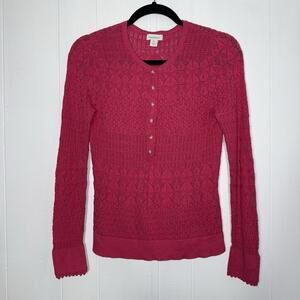 Sundance Catalog Women’s Whispering Winds Henley Long Sleeve Top Crochet Pink PS